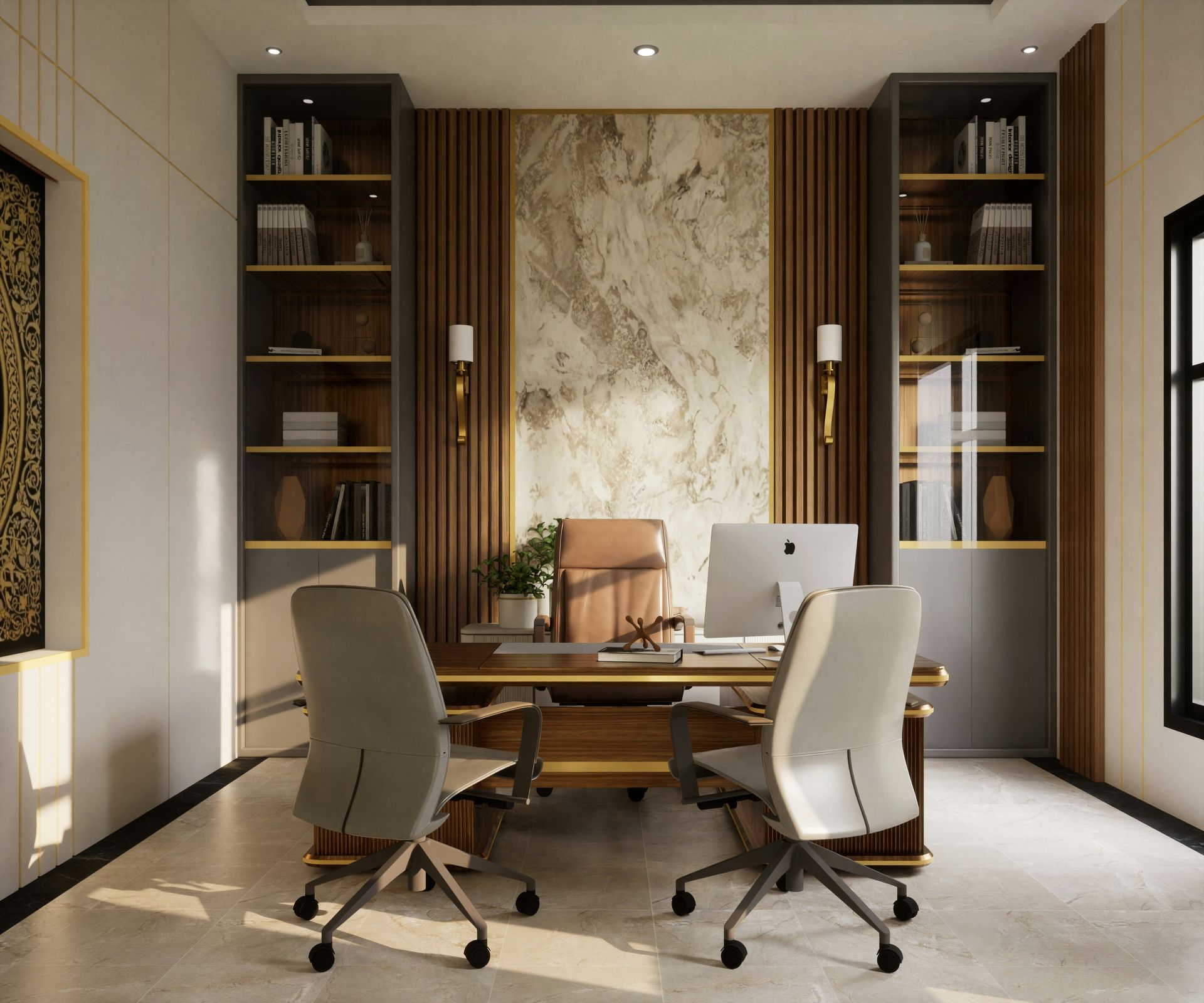 a room with a desk and two chairs